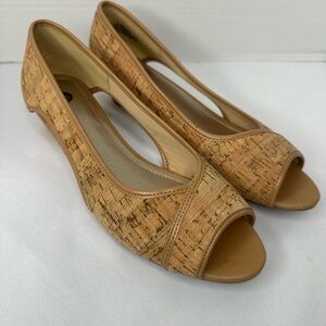 Carolina Bay “Ruth” Peep Toe Cork-Textured Flats in Tan